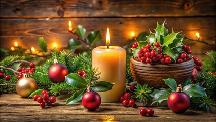 Cozy candlelit scene with festive holly, mistletoe, and ornaments, evoking warmth, romance, and joy, capturing the essence of the holiday season's sentimental magic.