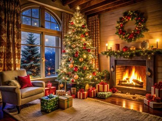 Cozy festive living room scene with decorated tree, twinkling lights, and colorful presents surrounding a crackling fireplace on a snowy winter evening.