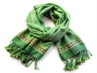 Cozy festive winter accessories: a soft, vibrant green scarf with subtle festive pattern and fringed ends, perfect for holiday season fashion and winter styling.