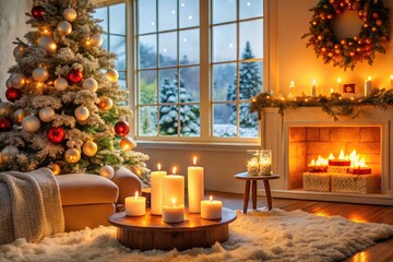 Cozy living room scene with festive decorations, lit candles, and a countdown calendar displaying 3 days until Christmas amidst a snowy winter wonderland backdrop.