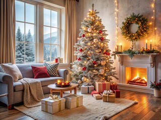 Cozy living room scene with festive decorations, sparkling tree, and scattered gifts, capturing the joy and magic of a peaceful winter holiday morning.
