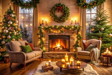 Cozy living room with crackling fireplace, decorated with festive garlands, evergreen branches, and twinkling candles, evoking warm winter holiday magic and seasonal atmosphere.