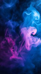 Abstract blue and pink smoke swirls against a dark background.
