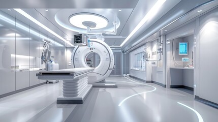 A hospital room with a CT scan machine