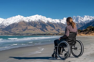 Fototapeta premium Woman sitting in wheelchair, looking at the beautiful scenery of mountains with snow-capped peaks, the concept of a full life for people with low mobility and disabilities, support and traveling