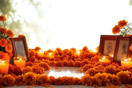 Day of the Dead Altar with Marigolds and Candles