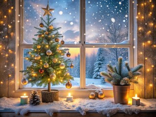 Cozy winter scene featuring a small Christmas tree adorned with twinkling lights, placed in front of a frosty window with snowflakes gently falling outside.