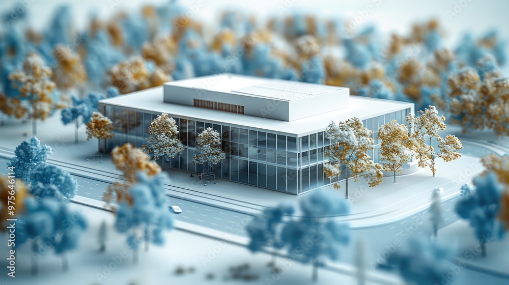 Poster digital technology, blue tones, architectural model, center architect as tall as, overall warehouse 