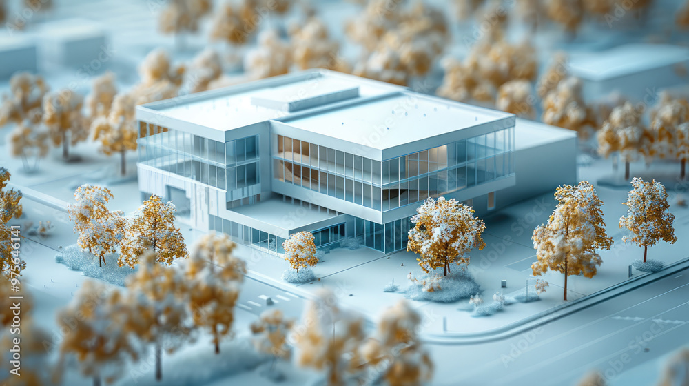Poster digital technology, blue tones, architectural model, center architect as tall as, overall warehouse 