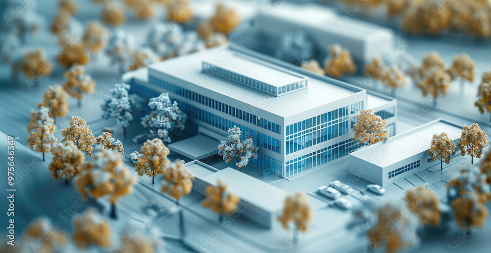 Poster digital technology, blue tones, architectural model, center architect as tall as, overall warehouse 
