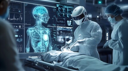 Futuristic healthcare scene where AI technology is actively used, such as a robot performing surgery with precision, an AI system analyzing detailed medical images, or a virtual doctor providing telem