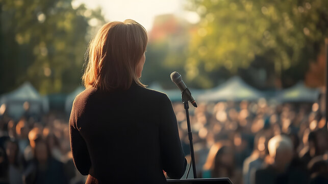 A speaker woman leader standing make a speech in front of microphone and audiences on stage outside in public, 