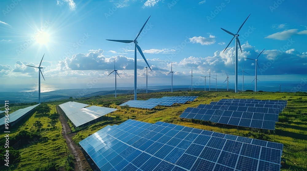 Poster a rural area with both solar panels and wind turbines, representing a mix of renewable energy source