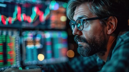 Focused Business Executive Deeply Analyzing Market Data and Financial Trends on Computer Screen in Office Environment