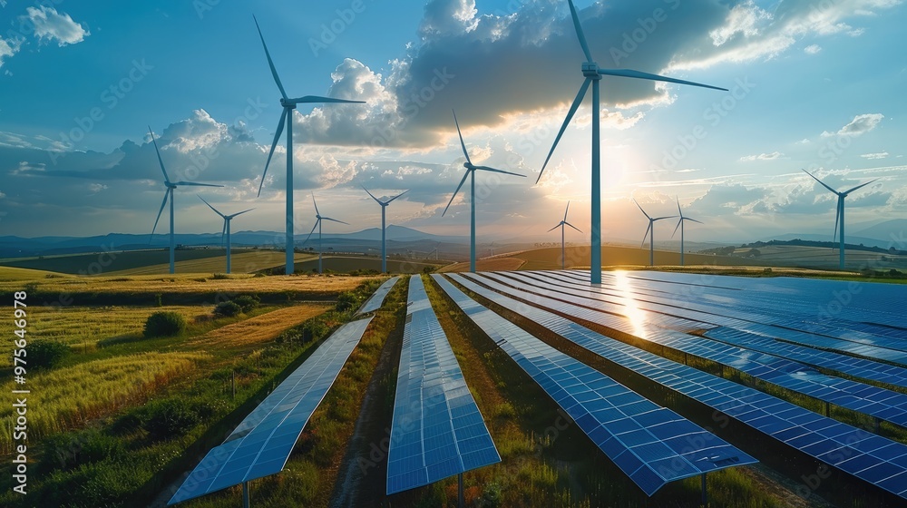 Aufkleber A rural area with both solar panels and wind turbines, representing a mix of renewable energy sources and the shift towards a sustainable energy future. Generative AI.