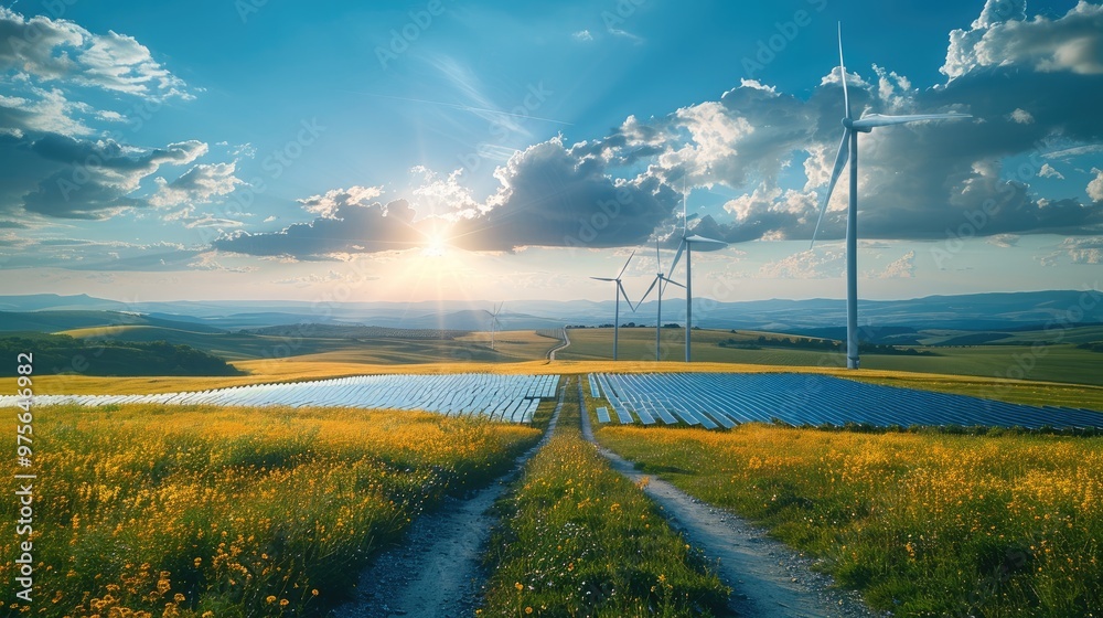 Poster a rural area with both solar panels and wind turbines, representing a mix of renewable energy source