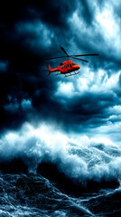 Fototapeta premium A dramatic scene of a red helicopter flying above turbulent ocean waves under a stormy sky, showcasing the power of nature.