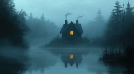Fototapeta premium A cozy cabin with a glowing window and smoke coming from the chimney stands on a foggy, creepy swamp at dusk, surrounded by a dark, eerie forest under the moonlight.