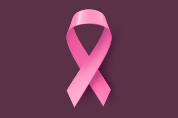 Vector illustration of breast cancer pink realistic ribbon with loop on dark color background. Symbol of breast cancer awareness. Design of shine ribbon for awareness month campaign banner