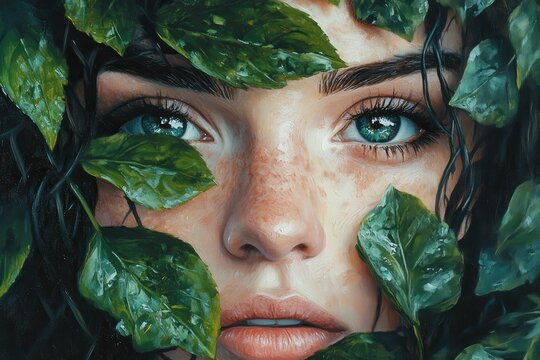 Oil painting artistic image of medieval young woman's face with green leaves covering both her eyes and her mouth