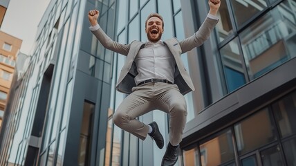 Businessman leaping outside the building in excitement, celebrating his accomplishment at work