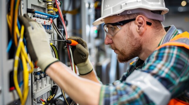 A man in a hard hat and safety glasses is working on electrical wiring