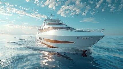 Naklejka premium A yacht on a ocean, sea with waves, a clear blue sky with subtle clouds. Generative AI.