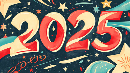 A retro-inspired 2025 design, with bold, colorful typography and fun patterns like stars and swirls