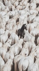 Obraz premium Massive herd of white horses, with one black horse standing out in the center. Overhead perspective, showcasing over a thousand majestic and graceful pure-white horses amidst their vast herd