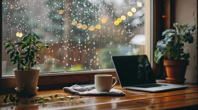 Warm coffee and laptop by rainy window, cozy workspace on a rainy day
  Seamless looping 4k time-lapse virtual video animation Generated AI