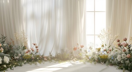 White room with large windows, transparent flying tulle and exotic flowers. Wedding banner background with copy space.	