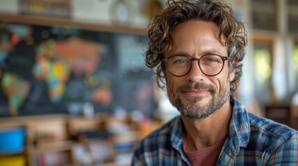 A man with glasses and a beard is smiling in front of a chalkboard