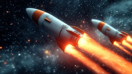 A dynamic scene of two rockets with fiery exhaust soaring through the cosmos.