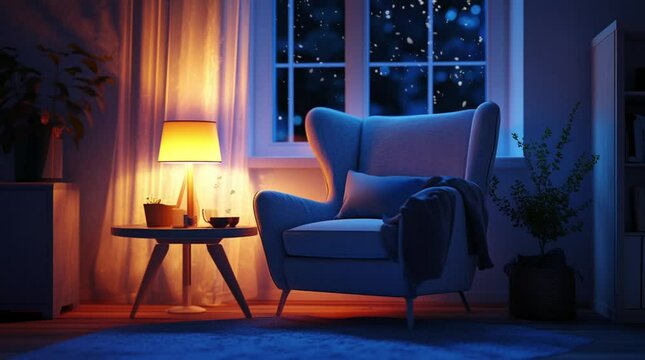 Cozy room with a glowing lamp by a window at night, featuring a sofa and a tranquil ambiance
 Seamless looping 4k time-lapse virtual video animation Generated AI