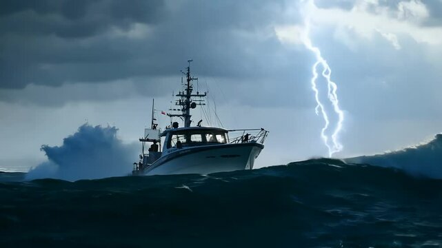 The camera zooms in on a lone boat struggling in the middle of a violent storm at sea with back lighting

.
