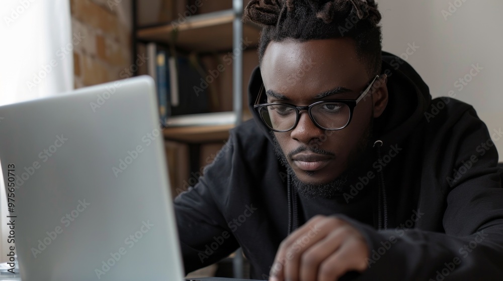 Poster a man wearing glasses is sitting at a desk with a laptop open in front of him