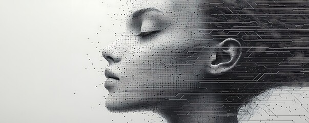 a dotted matrix grid of a face emerging from gray circuit lines on a gray on white background