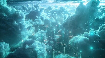 Futuristic cloud computing and intelligence fusion showcasing cutting edge digital infrastructure with wispy white cumulus clouds swirling and merging