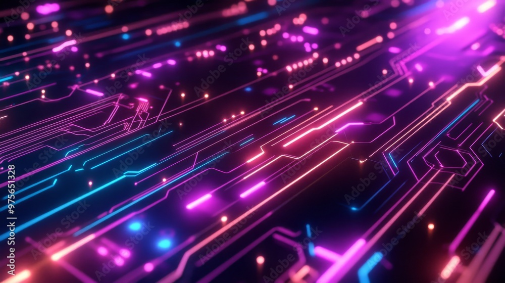 Poster futuristic circuit board with neon lights, digital network concept