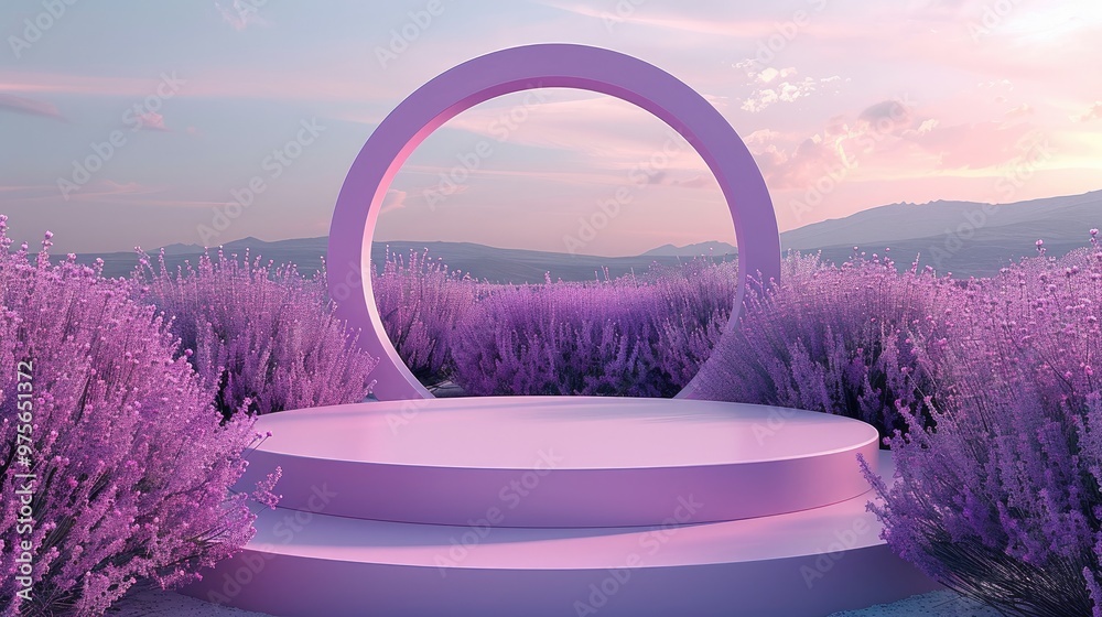 Poster a round stage design, a pink theme, a round platform, the background is a field full of lavender, a 