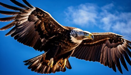 Obraz premium A powerful image of a bald eagle with its wings spread wide, soaring majestically against a clear blue sky. This photo captures the essence of freedom and strength in the wild.. AI Generation