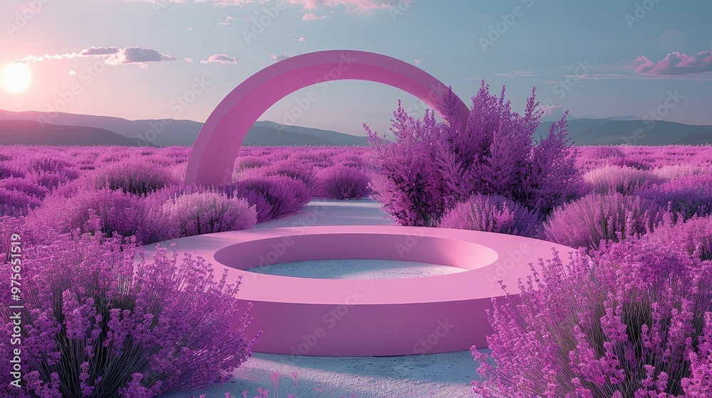 Poster a round stage design, a pink theme, a round platform, the background is a field full of lavender, a 