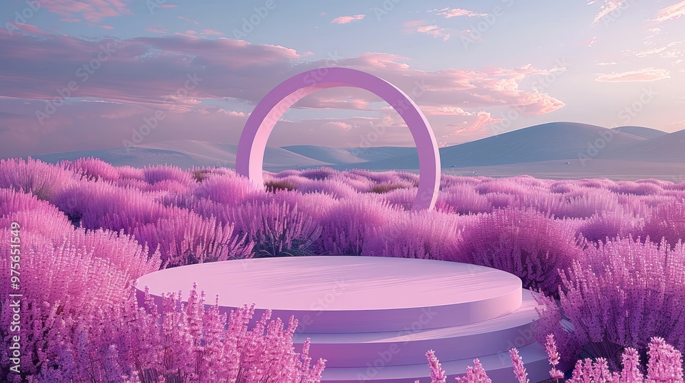 Poster a round stage design, a pink theme, a round platform, the background is a field full of lavender, a 