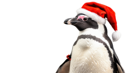 Penguin with Christmas hat on transparent background