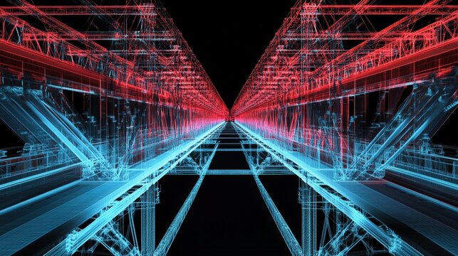 Finite element method analysis of bridge engineering, depicting stress fields in a truss bridge, with tension highlighted in blue and compression shown in red