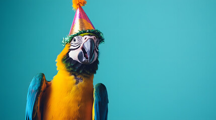 Parrot with birthday hat looking at camera . isolated on solid background, exotic bird celebration, background for celebration