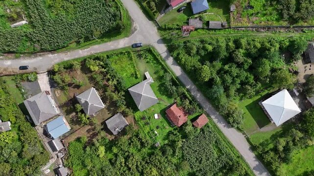 old village houses , bird's-eye view, drone flight, Guria, Georgia