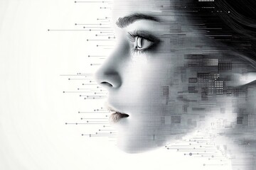 a dotted matrix grid of a face emerging from gray circuit lines on a gray on white background