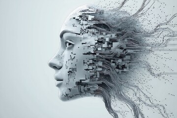 a dotted matrix grid of a face emerging from gray circuit lines on a gray on white background