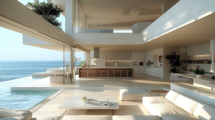 Big open interior living room lounge, open kitchen building up and on the other side office area for working that both connects with the living room, a swimming pool with ocean view. Generative AI.
